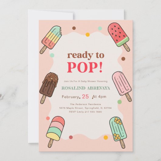 Invitation Fête de Bébé Popsicle Rose Estivale Prête à Éclate (Devant)