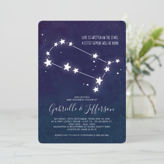 Invitation Fête de bébé pour l'astrologie des Gémeaux (Debout devant)
