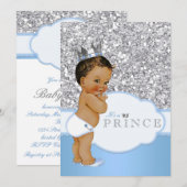 Invitation Fête de bébé prince ethnique Bleu et Argent (Devant / Derrière)