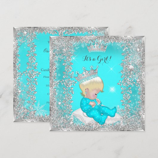 Invitation Fête de bébé princesse bleu sarcelle argent blonde (Devant / Derrière)