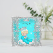 Invitation Fête de bébé princesse bleu sarcelle argent blonde (Debout devant)