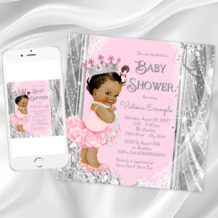 Invitation Fête de bébé Princesse Ethnique Tutu Rose Argent