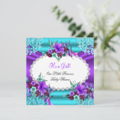 Invitation Fête de bébé Princesse Fille Bleu Canard Violet Fl (Debout devant)