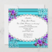 Invitation Fête de bébé Princesse Fille Bleu Canard Violet Fl (Dos)