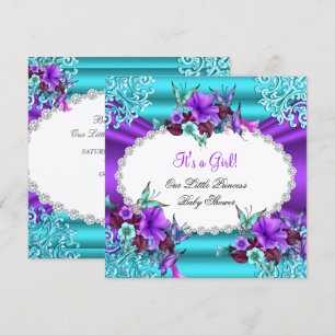 Invitation Fête de bébé Princesse Fille Bleu Canard Violet Fl