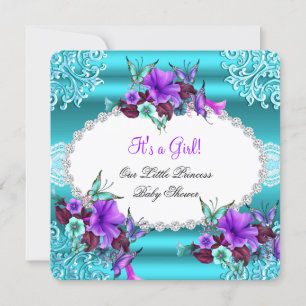 Invitation Fête de bébé Princesse Fille Bleu Canard Violet Fl