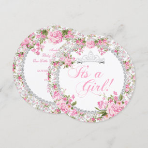 Invitation Fête de bébé princesse fille rose floral vintage