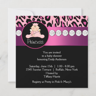 Invitation Fête de Bébé Princesse Léopard Rose Chaud Fille