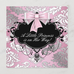 Invitation Fête de bébé princesse rose argenté et noir