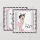 Invitation Fête de bébé princesse rose et argentée (Devant / Derrière)
