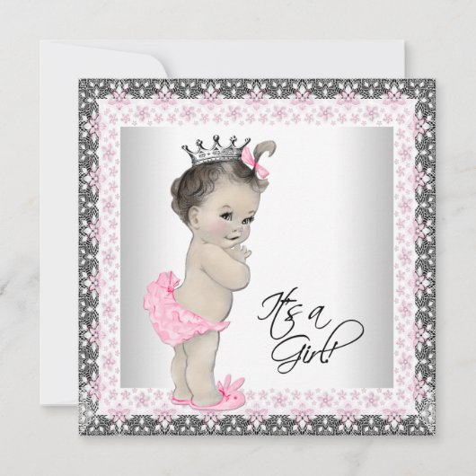 Invitation Fête de bébé princesse rose et argentée (Devant)