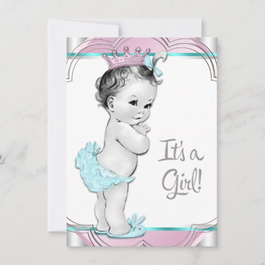 Invitation Fête de bébé princesse rose et bleu sarcelle (Devant)