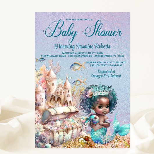 Invitation Fête de bébé Princesse Sirène à peau noire