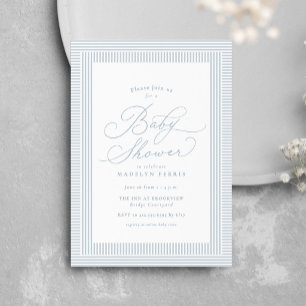 Invitation Fête de bébé rayée bleue et blanche preppy seersuc