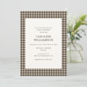 Invitation Fête de bébé rétro à carreaux gingham marron taupe