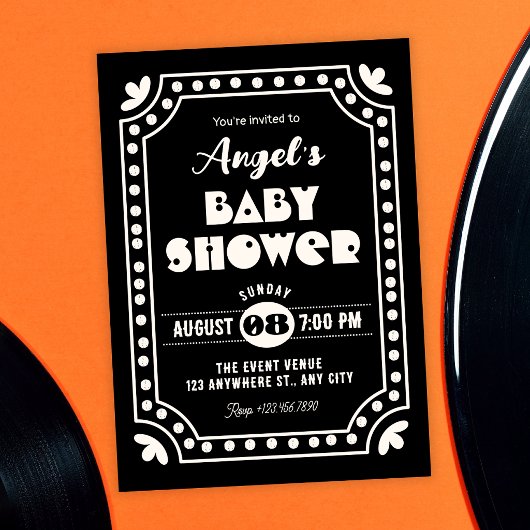 Invitation Fête de bébé rétro fun noir