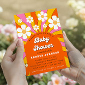 Invitation Fête de Bébé Rétro Groovy Hippie Arche Fleur Daisy