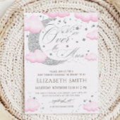 Invitation Fête de Bébé Rose Argentée Au-Delà de la Lune