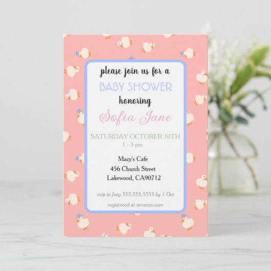 Invitation Fête de Bébé Rose Canards Mignons Illustrés à la M (Debout devant)