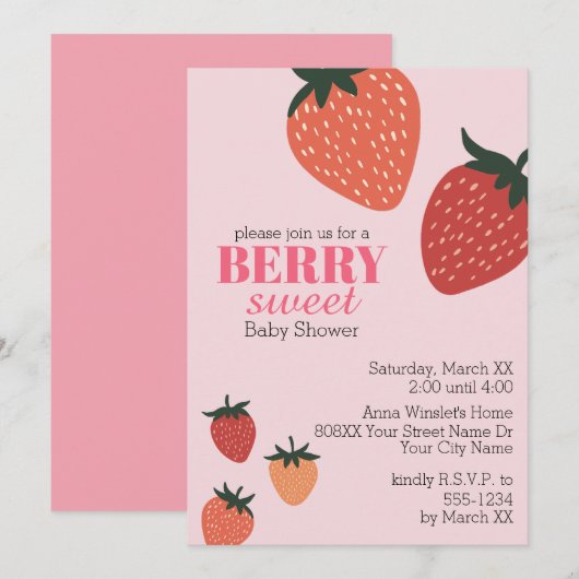 Invitation Fête de Bébé Rose Fruité Douce Baie de Fraise (Devant / Derrière)
