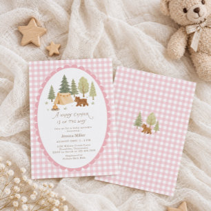 Invitation Fête de Bébé Rose Gingham Happy Camper