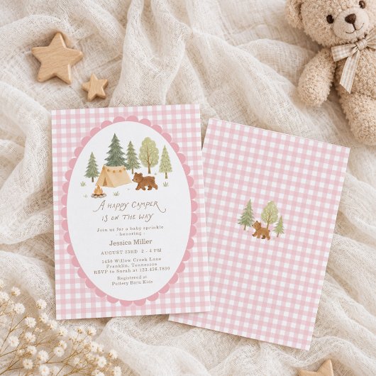 Invitation Fête de Bébé Rose Gingham Happy Camper