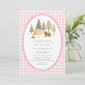Invitation Fête de Bébé Rose Gingham Happy Camper (Debout devant)