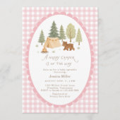 Invitation Fête de Bébé Rose Gingham Happy Camper (Devant)