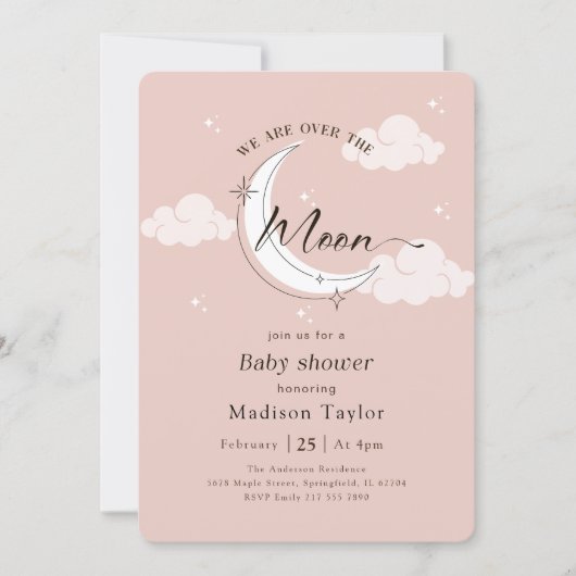 Invitation Fête de Bébé Rose Lune Fantaisiste (Devant)