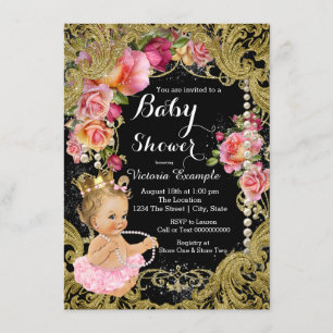 Invitation Fête de bébé Rose Perle d'Or Noir Chintz Rose