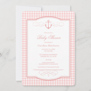 Invitation Fête de Bébé Rose Pétale à Carreaux Prépa Côtière