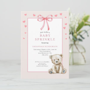 Invitation Fête de bébé rose poussiéreux avec un ourson migno