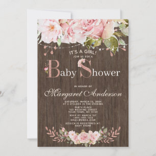 Invitation Fête de bébé Rose Rose et Bois de Lumières