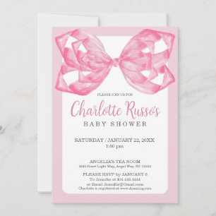 Invitation Fête de bébé Ruban à nœud élégant en aquarelle ros