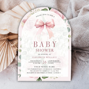 Invitation Fête de bébé : Ruban Coquette Fleurs Rose Pâle