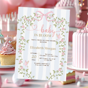 Invitation Fête de Bébé Ruban Fleurs Sauvages Rayures Bleues