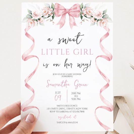 Invitation Fête de Bébé Ruban Rose