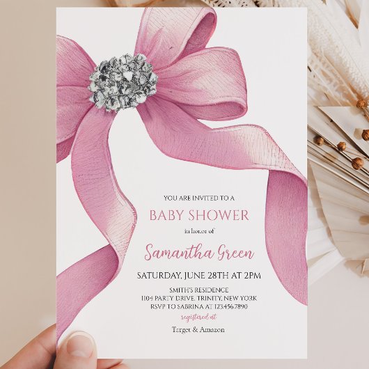 Invitation Fête de Bébé Ruban Rose