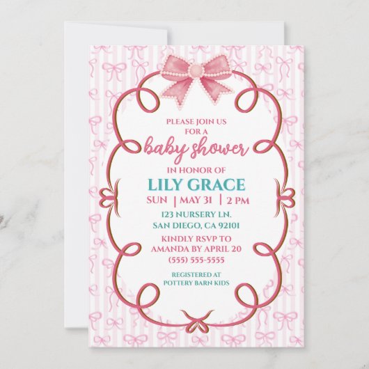Invitation Fête de Bébé Ruban Rose Fantaisiste & Perle (Devant)