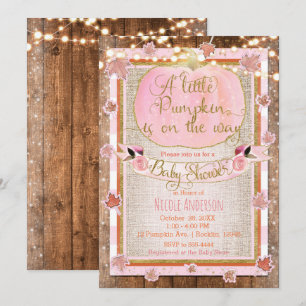Invitation Fête de bébé rustique citrouille rose et feuilles