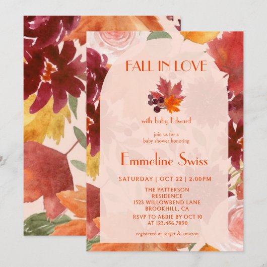 Invitation Fête de Bébé Rustique Feuillage d'Automne Tombez a (Devant / Derrière)