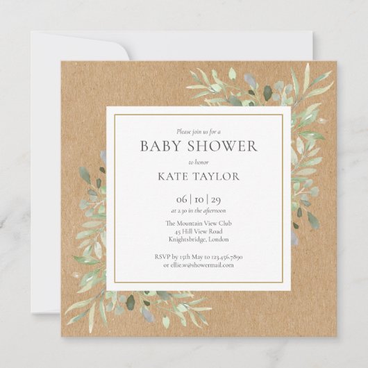 Invitation Fête de Bébé Rustique Vert Neutral Tout En Un (Devant)