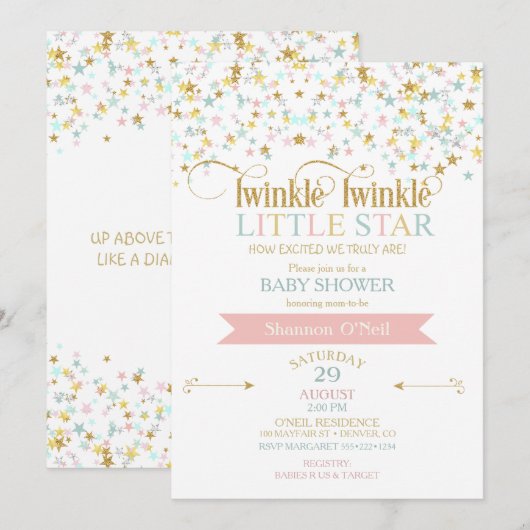 Invitation Fête de Bébé Scintille Petite Étoile Toute Couleur (Devant / Derrière)