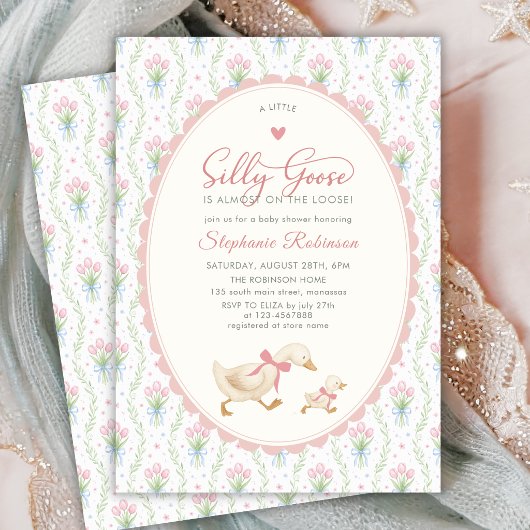 Invitation Fête de Bébé Silly Goose Coquette Rose à Points