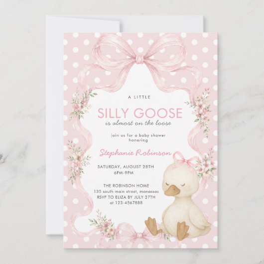 Invitation Fête de Bébé Silly Goose Coquette Rose à Points Ba (Devant)