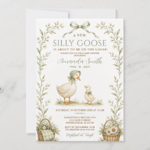 Invitation Fête de bébé Silly Goose Dusty Green Gingham Flora