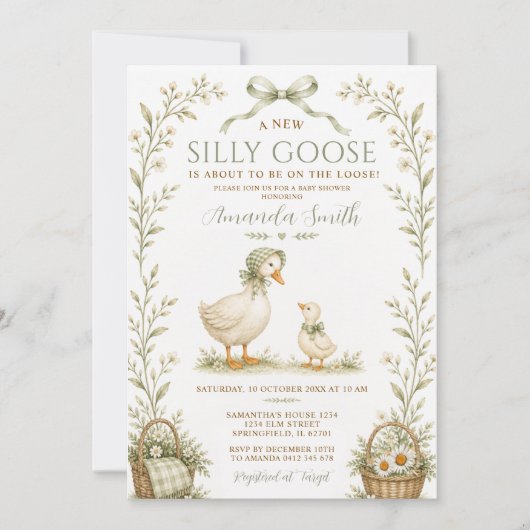 Invitation Fête de bébé Silly Goose Dusty Green Gingham Flora (Devant)