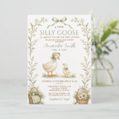 Invitation Fête de bébé Silly Goose Dusty Green Gingham Flora (Debout devant)