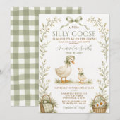 Invitation Fête de bébé Silly Goose Dusty Green Gingham Flora (Devant / Derrière)