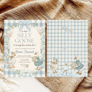 Invitation Fête de Bébé Silly Goose Hiver à Carreaux Bleus